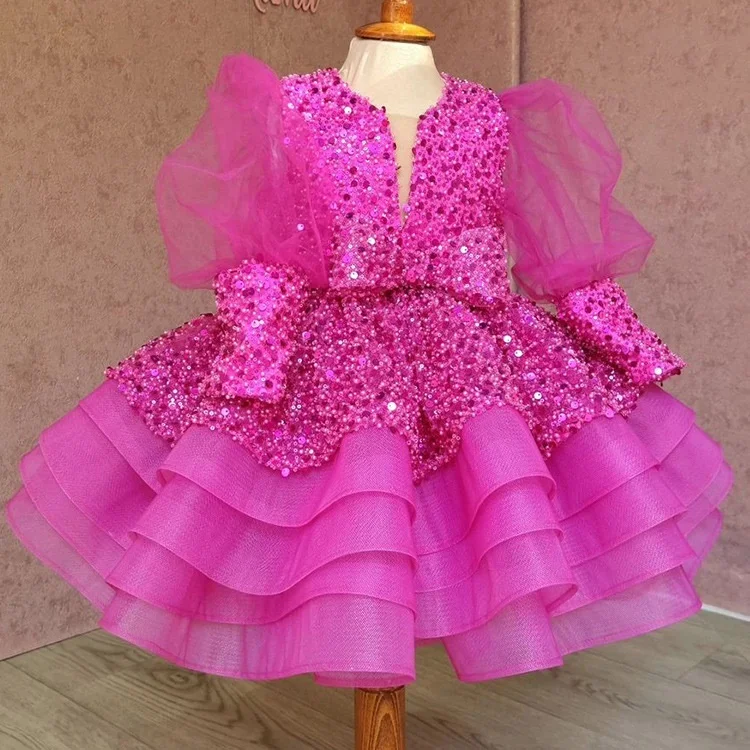 

2024 New Girl's Sequin Long sleeved Princess Dress Fashionable V-neck Luxury Fluffy Dress Banquet Carnival Performance Clothing