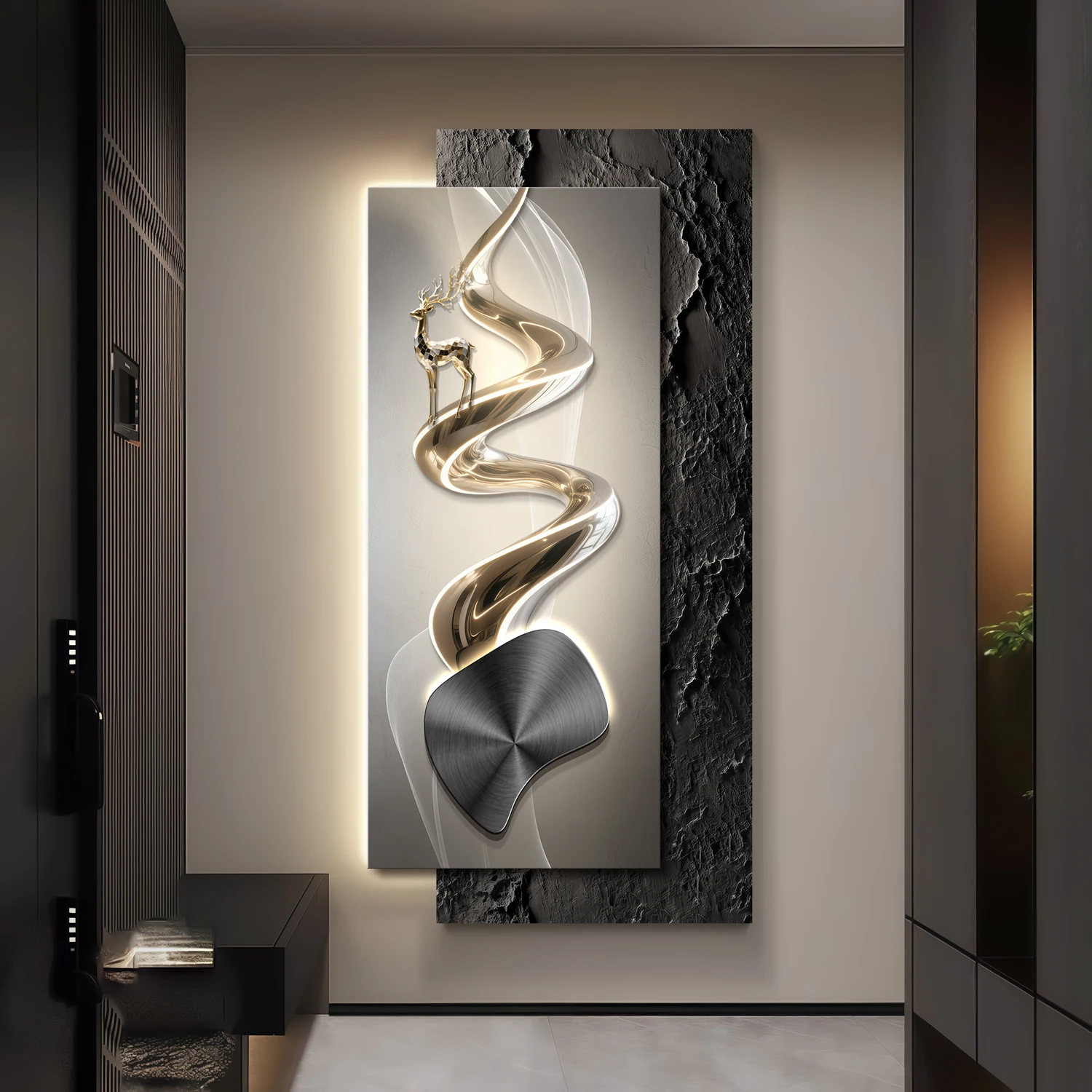 Entrance LED wall lamp - luxurious and high-end style. Modern lighting in the corridor. Entryway directly facing the door.