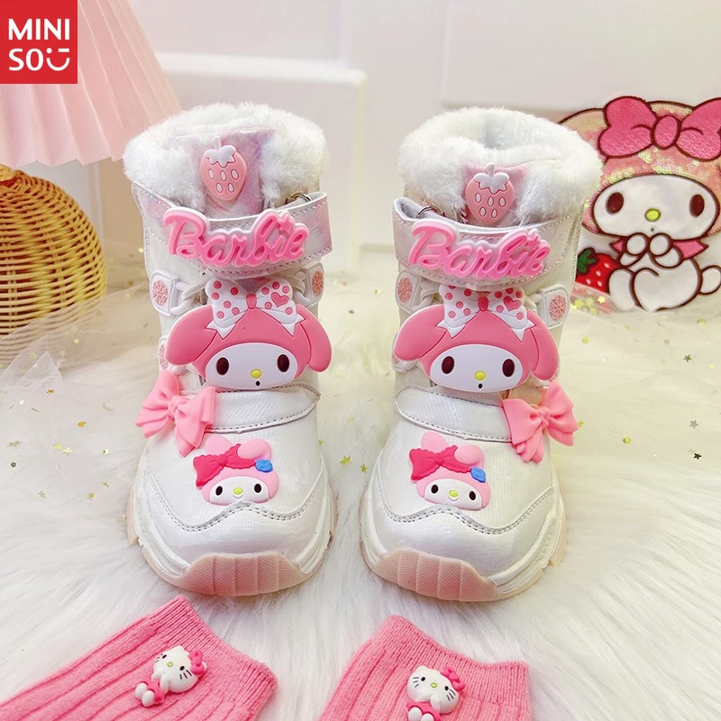 أحذية الثلوج من الفرو الصناعي للفتيات من Miniso - أحذية شتوية جلدية على طراز الأميرة، مبطنة بالقطيفة ودافئة لعام 2025
