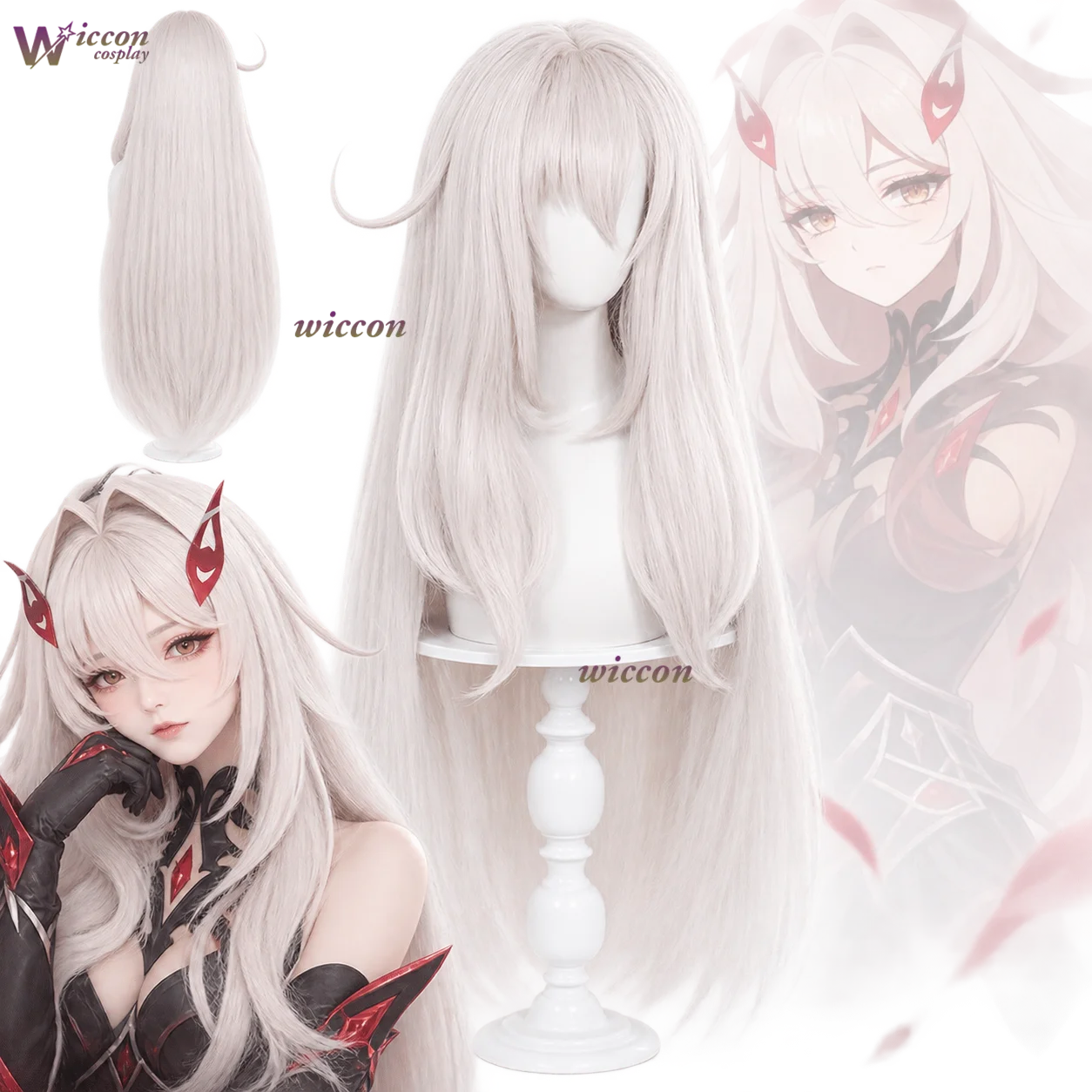 Ani Cos Anime Game Genshin Impact Cosplay Ronova Gray White Long Straight Wig Cartoon Fashion Goth Synthetic Hair Halloween Cos
