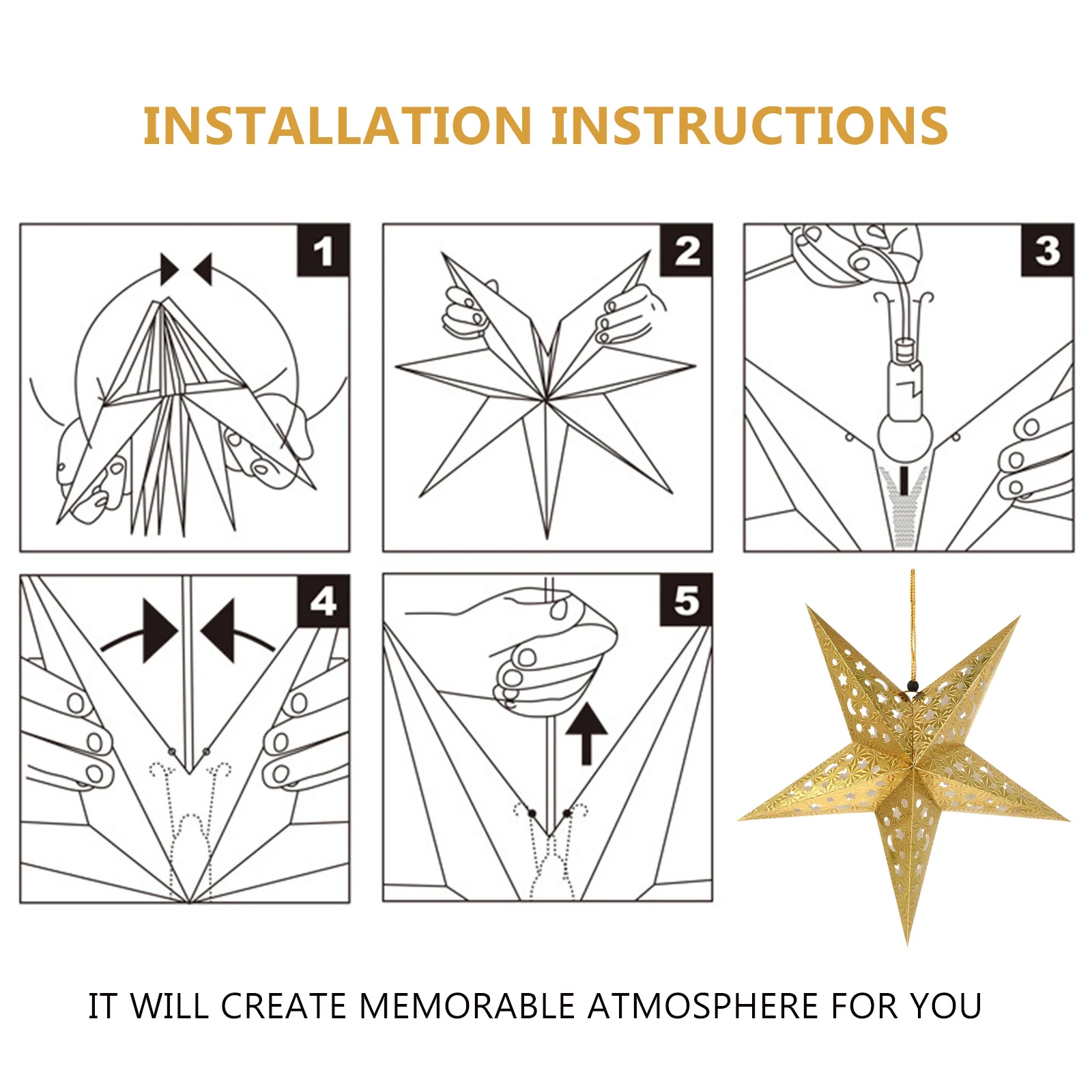 

5pcs 45Cm Golden Star Lamp Shade Paper Hanging Light Cover For Ceiling Decor String Fairy Lights Bedroom Living Room Party