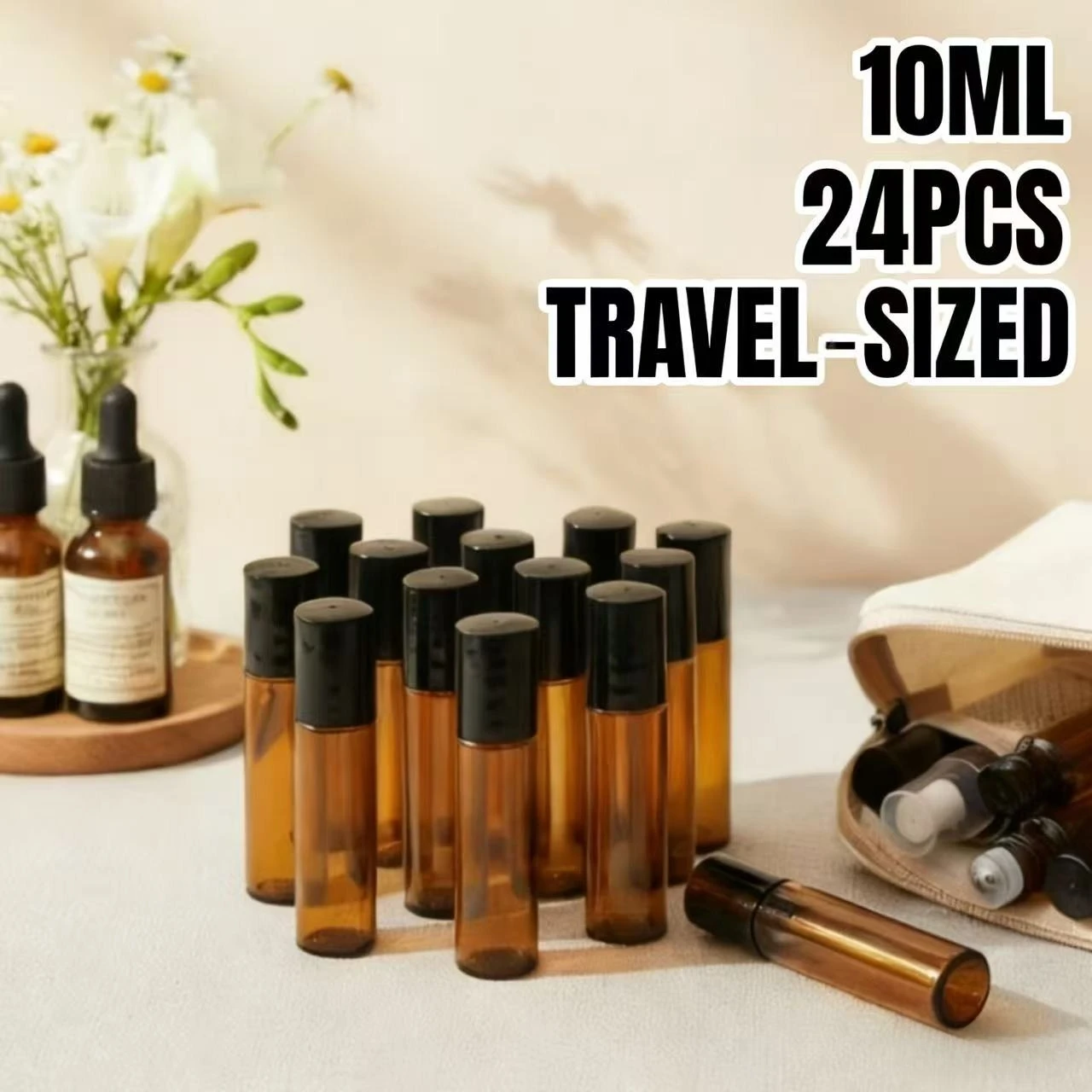

24pcs Glass Roll on Bottle 10ml Empty Essential Oil Roller Bottle with Stainless Steel Ball Dropper Pipette Travel Accessories
