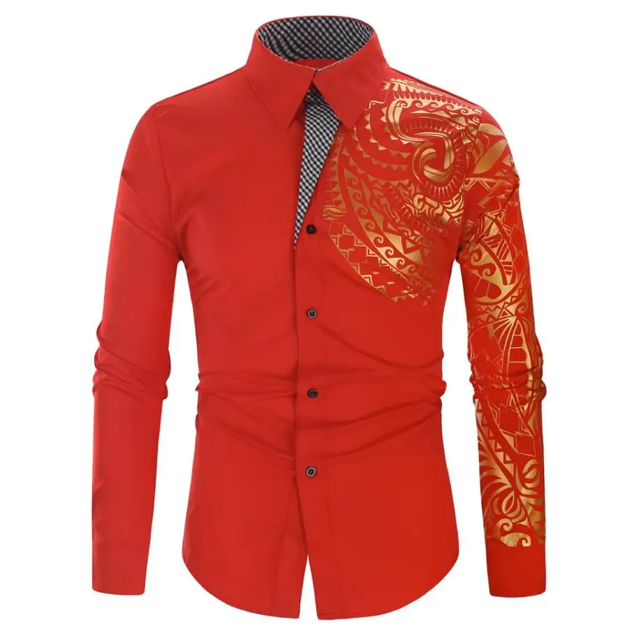 Black Long-sleeved Shirt, Men\'s Gold Printed Shirts, Fashion Casual Tops Red White Blue Camisa Men Chemise S M L XL XXL XXXL