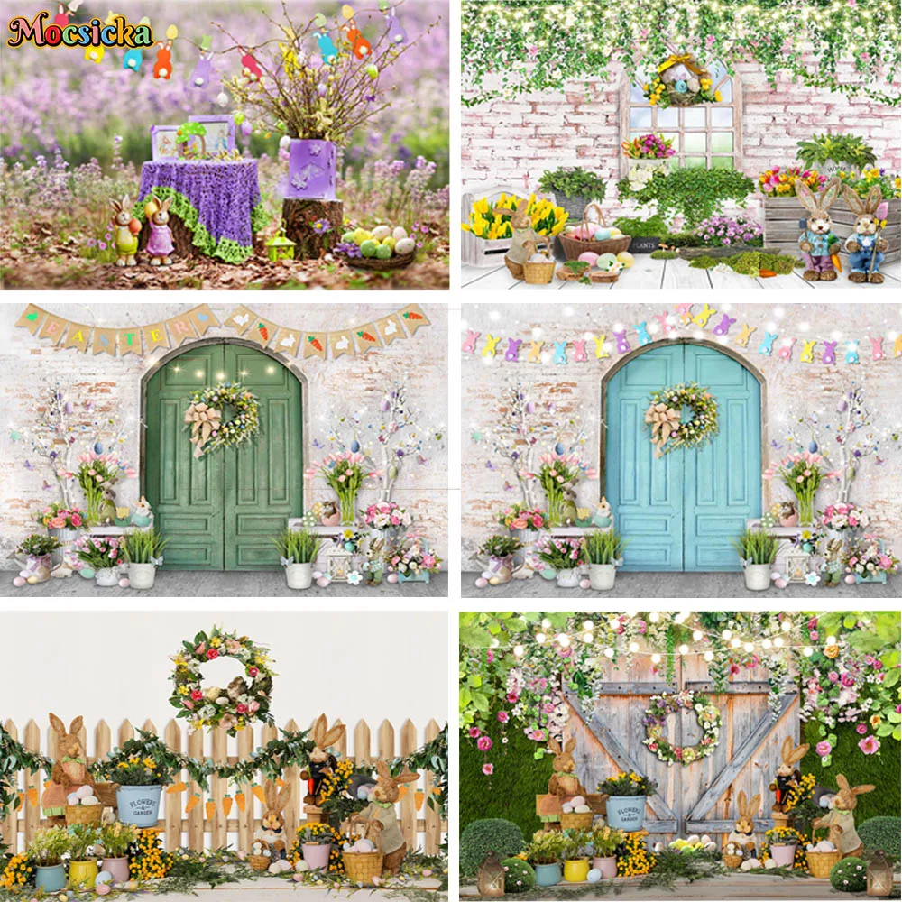 Mocsicka Spring Easter Theme Backdrop  Greenery Flowers Wooden Doors Bunny Eggs Party Decor Photography Backgrounds Photo Studio