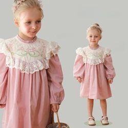 Spring French Standing Collar Bow Flower Embroidery Girls' Dress 2024 Autumn Style Lace Sweet Children's Princess Birthday Dress