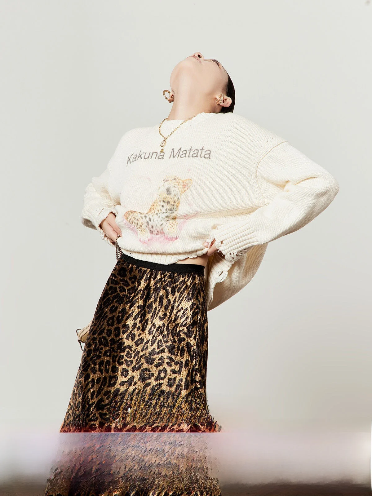 

Розовый вязаный свитер с леопардовым принтом для женщин, зимний повседневный, свободного кроя, белый, винтажный стиль