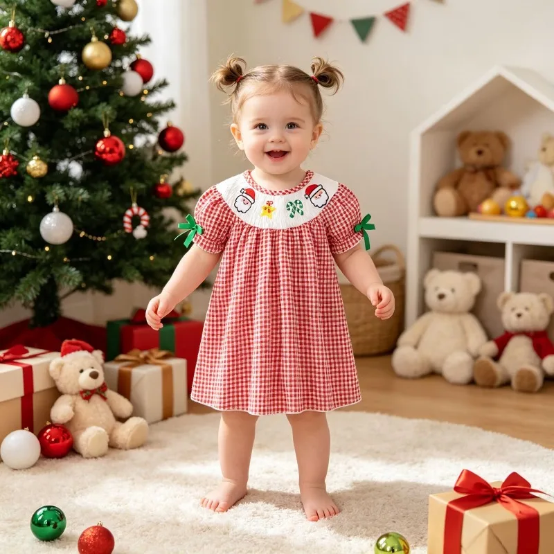 Newborn Infant Toddler Baby Girls Christmas Dress Red Gingham Smocked Santa Tree Embroidery Ruffle Holiday Party Outfit 0 24M