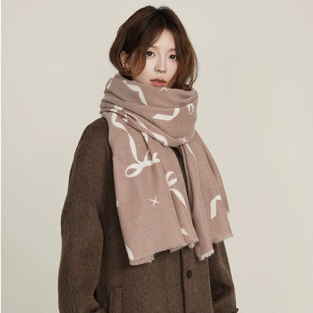 

Soft Printed Bow Wool Scarf Thicken Warm Winter Cashmere Scarves Long Coldproof Women Cashmere Shawl Girls