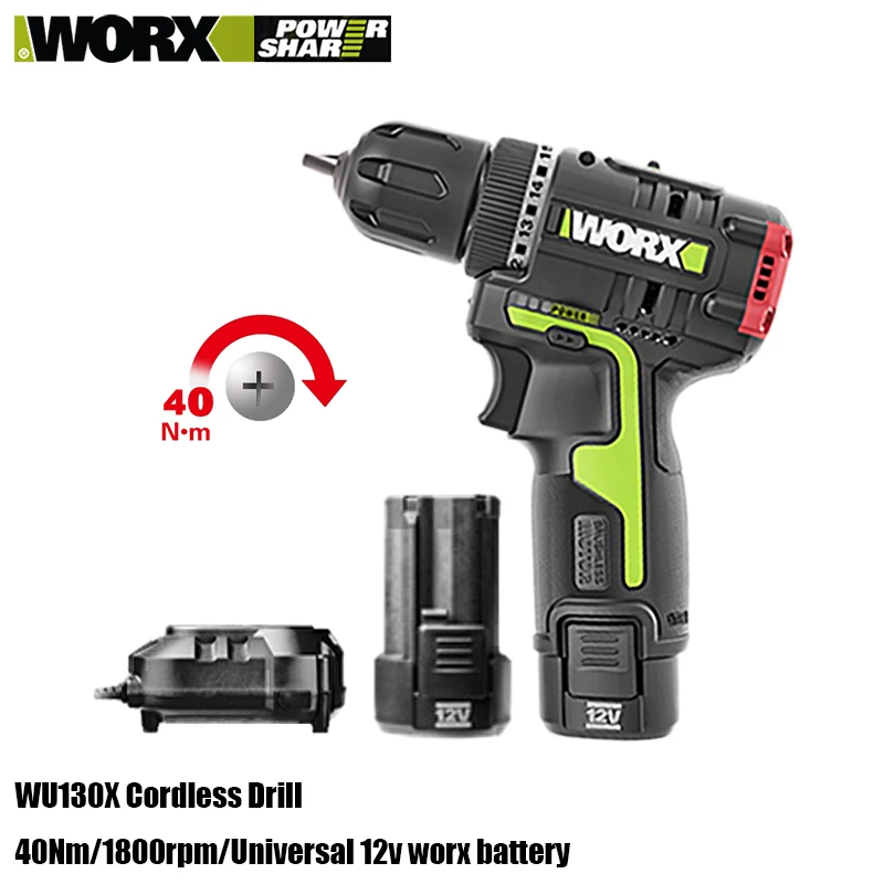 Worx Cordless Electric Drill Rechargeable Brushless WU130X 12V 40Nm Dual Speed Adjust Torque Univeral Orange Green Battery Pack