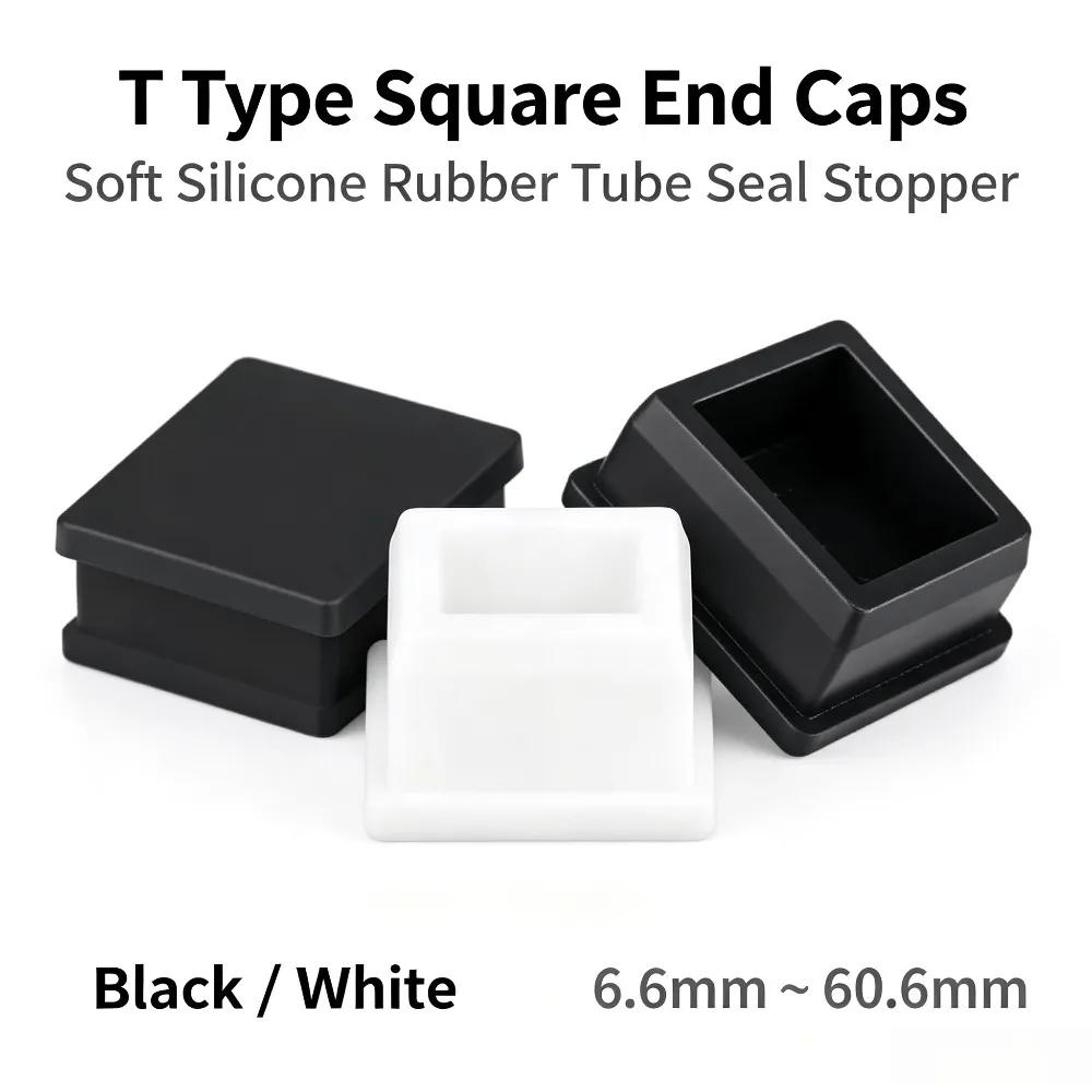 T Type Square Soft Silicone Blanking Plug, Black/White Rubber End Caps, 6.6mm~60.6mm, Tube Hole Seal Stopper, Dustproof Fitting