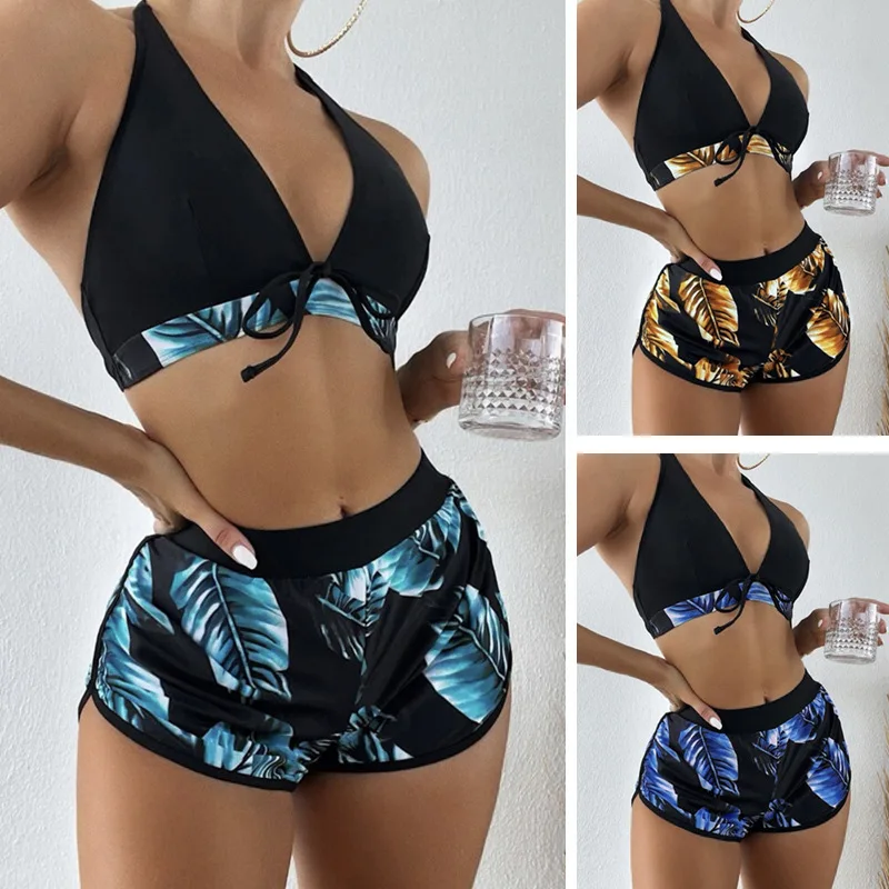 Sexy Bikini Three-piece Swimsuit for Women Leaf Print Split Shorts To Cover Belly and Make You Look Slimmer on The Beach