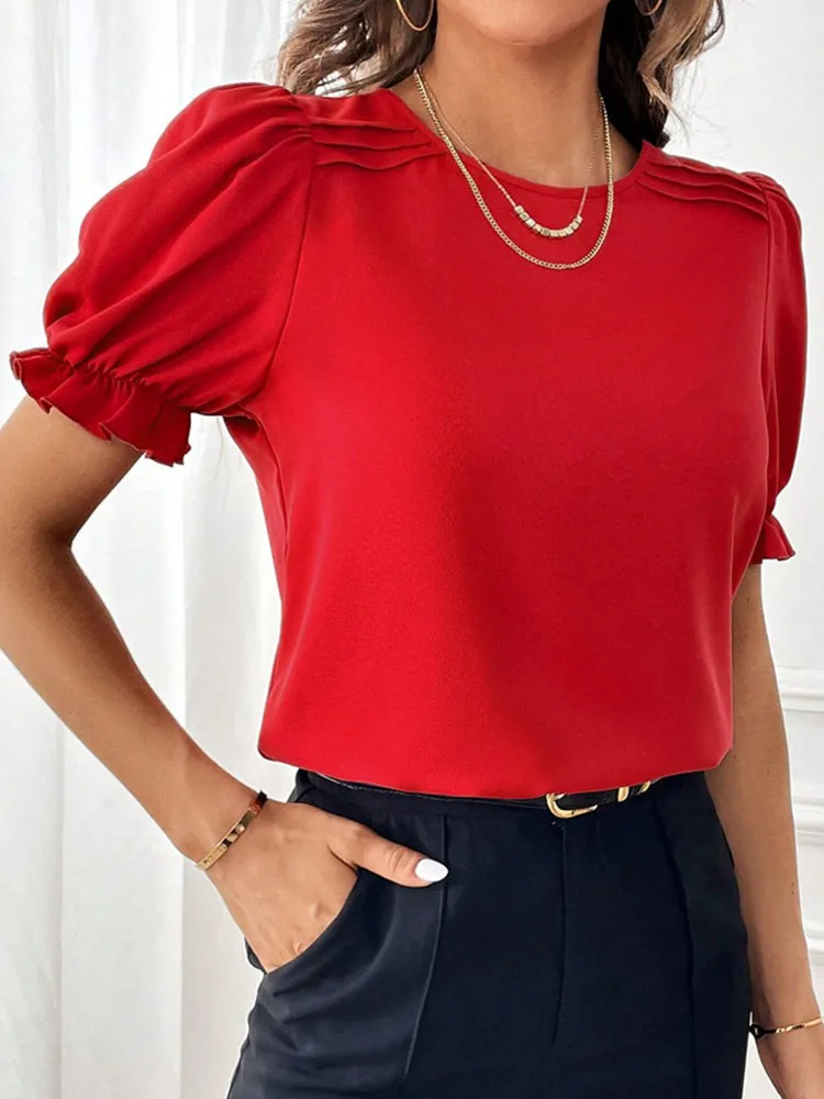 Women\'s Blouses Top 2024 Summer New Fashion Red O Neck Lantern Short Sleeve Streetwear Casual Black Shirts For Women Clothing