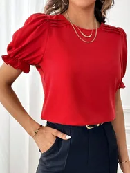 Women's Blouses Top 2024 Summer New Fashion Red O Neck Lantern Short Sleeve Streetwear Casual Black Shirts For Women Clothing