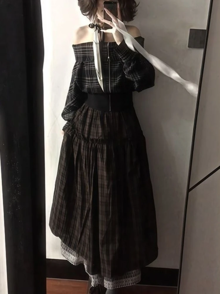 일본 2피스 세트 여성 슬래시 넥 체크 무늬 그랜지 지퍼 블라우스 + 빈티지 하이웨이스트 러플 스커트 Y2K 감성 의상