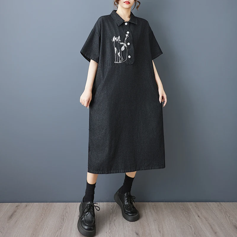 Neue Sommer Lose Gestickte Denim Dr Sweatshirt Sle Mid-Länge Casual frauen Faion Retro plus Größe Über-knie Dr