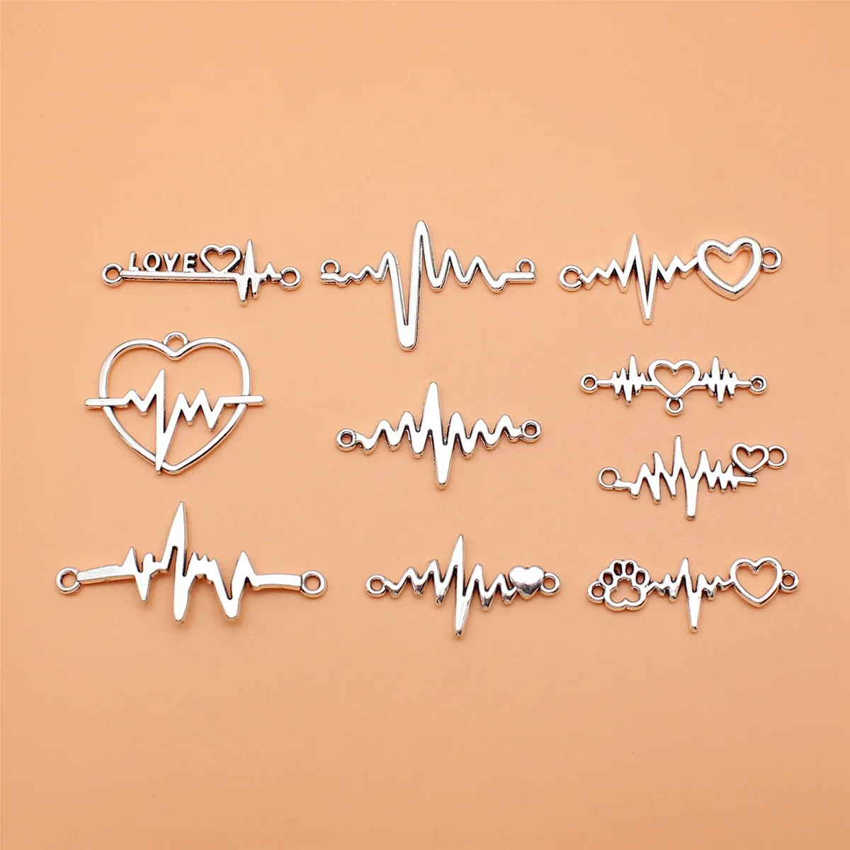 10pcs Antique Silver Color Electrocardiogram Charms Collection For DIY Jewelry Making, 10 Styles, 1 of Each