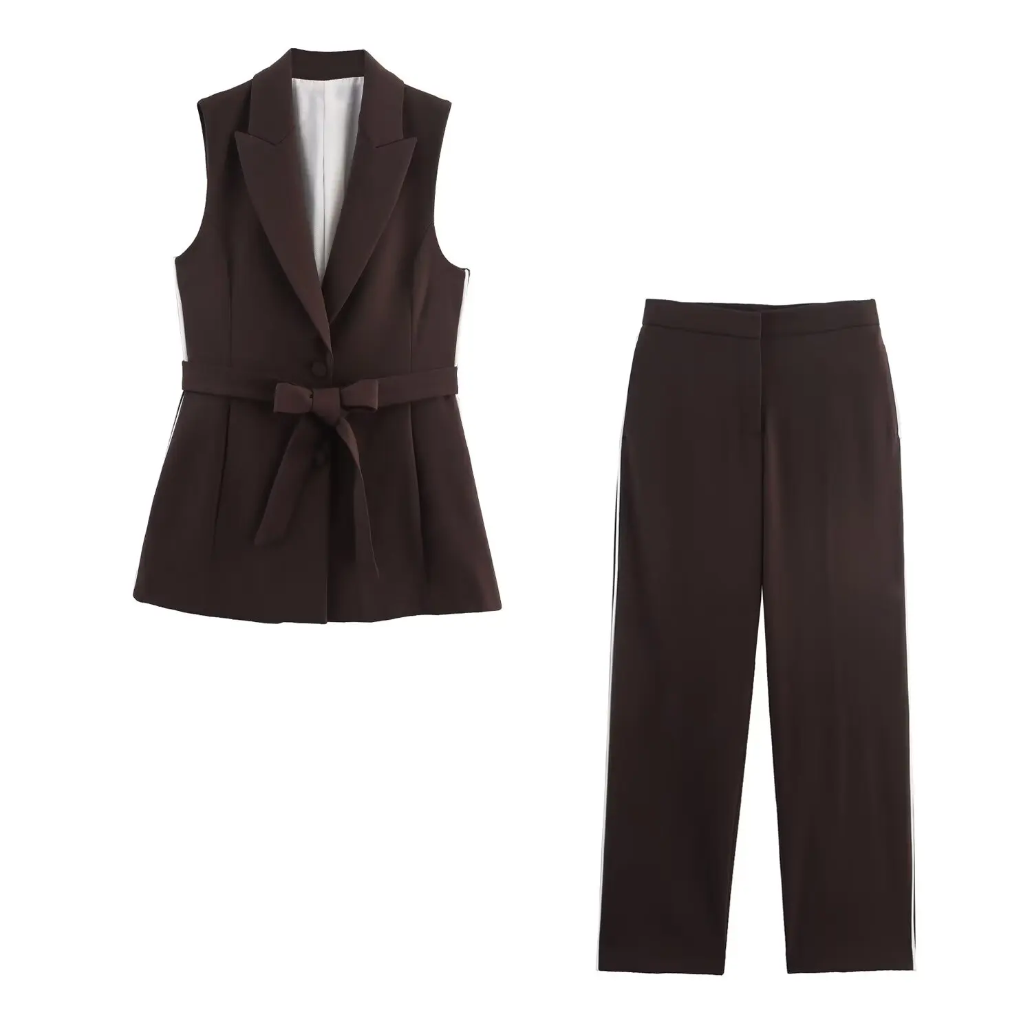 Ensemble gilet Long avec ceinture et rayures latérales pour femme, pantalon taille haute décontracté, coupe cintrée, nouvelle collection automne 2025