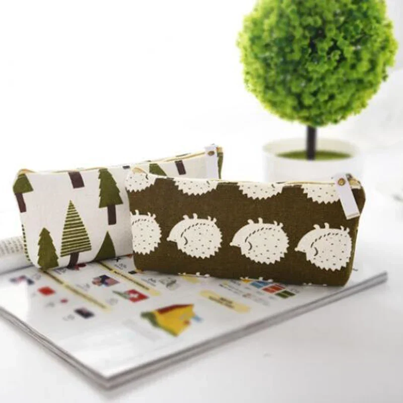 Creative Small Fresh Style Pencil Case Cute Bear Printed Fabric Zipper Pencil Bag School Stationery Storage Supplies