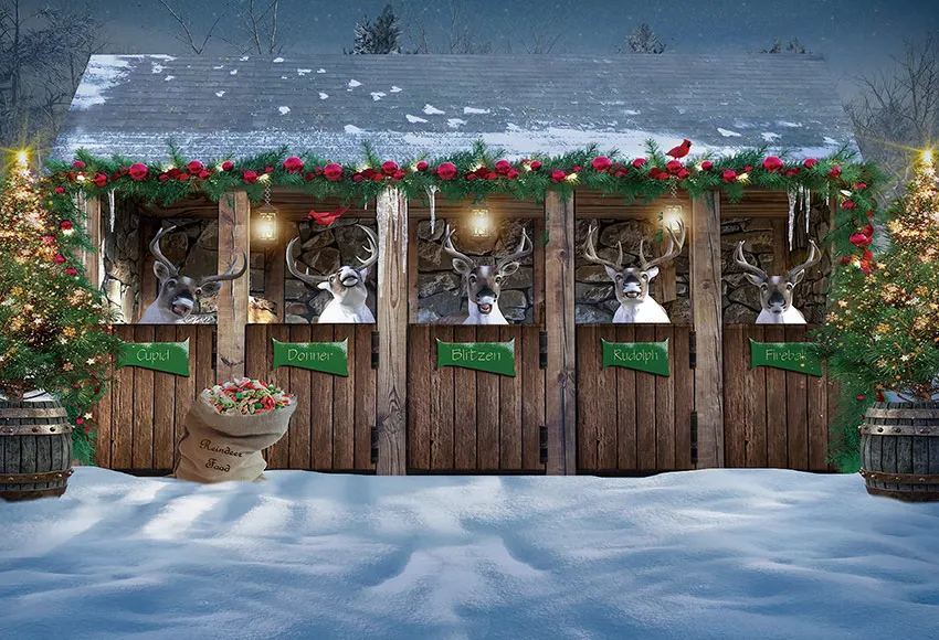Mehofond-fondos de Fotografía de Invierno al aire libre, decoración de ciervo de Feliz Navidad, casa de madera, árbol de Navidad, bosque, noche, nieve, fondo
