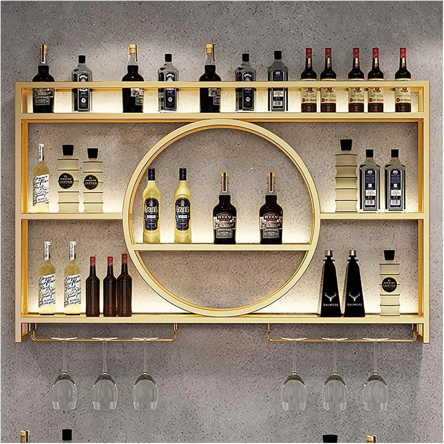 ชั้นวางไวน์ติดผนังแบบ LED ชั้นวางแก้วไวน์, ชั้นวางโลหะแบบลอยสำหรับบาร์, ชั้นวางโชว์ขวดบาร์, ที่แขวนแก้วไวน์