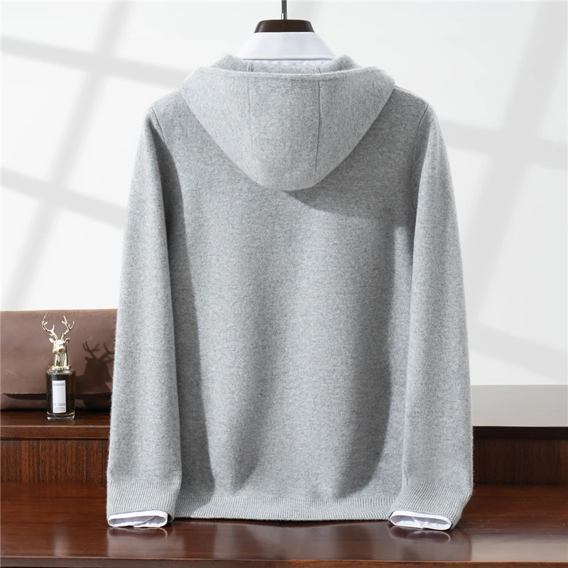 Thickened 100% Wool Coat Men's Knitted Long Sleeve Sweatshirt Autumn Winter Versatile Hooded with Pockets Loose Zipper Cardigan