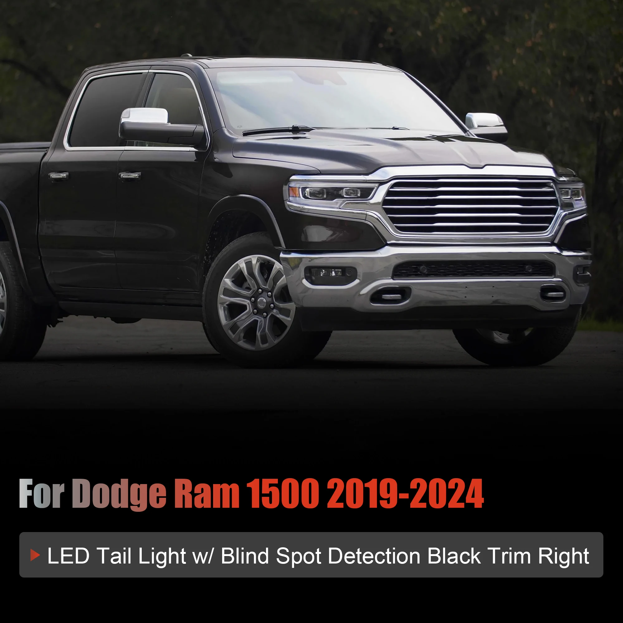 1 Pcs Car Taillights With Blind Spot Monitoring, Right Side, Black Background. For 2019-2023 Dodge RAM 1500 68262532AH