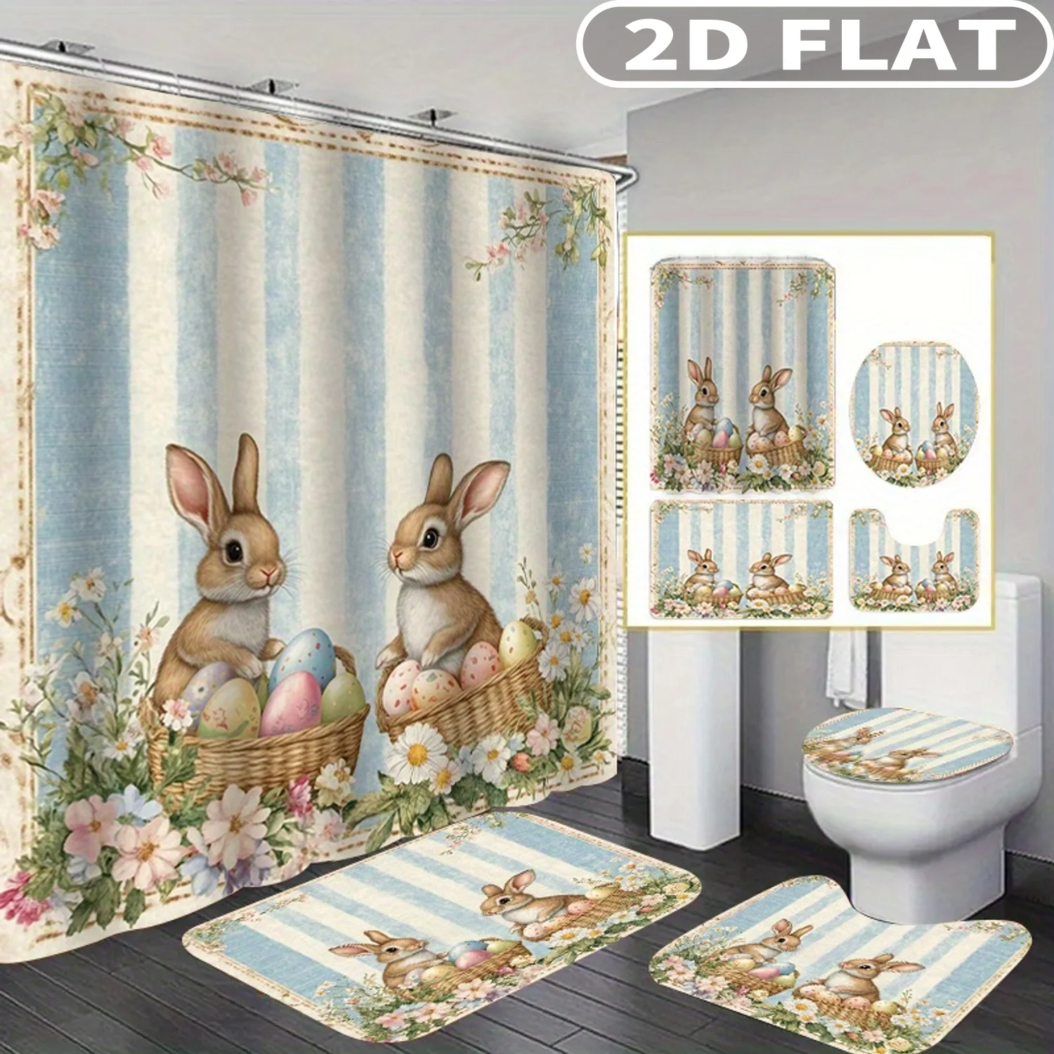 

1pc/ 4pcs 2D FLAT Bunnies Eggs Flowers Stripes Pattern Shower Curtain Set, Accessories with Bath Mat, U-shaped Mat, Toilet Lid