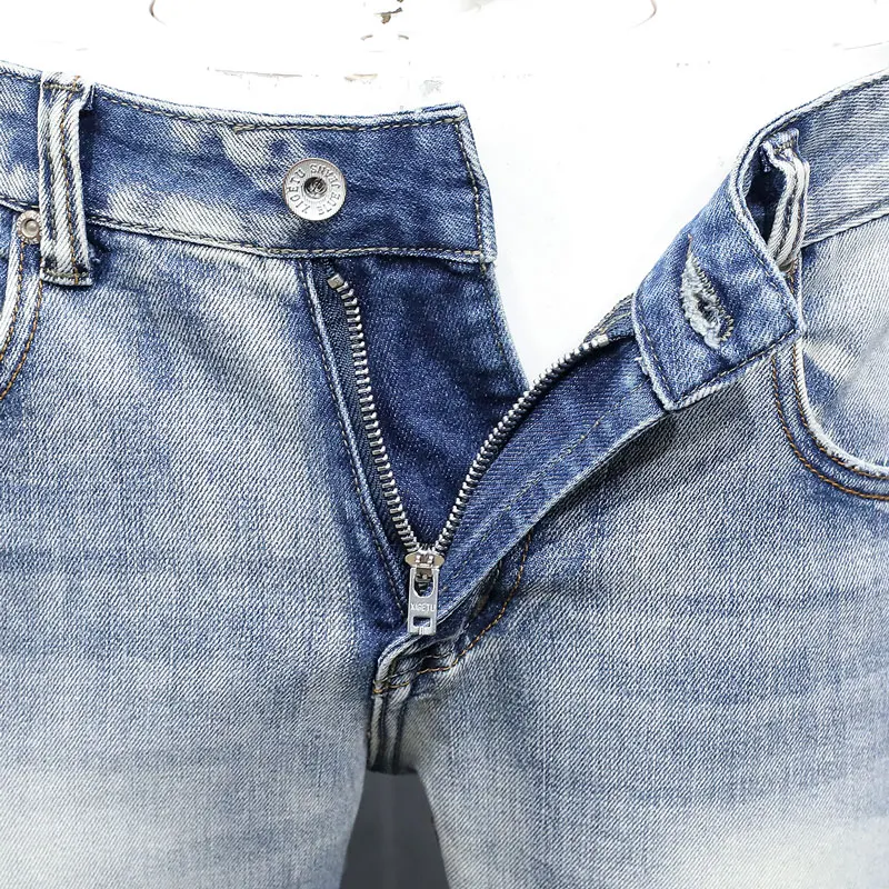 Italian Style Fashion Men Jeans Retro Light Blue Stretch Slim Fit Ripped Jeans Men Embroidery Designer Vintage Denim Pants