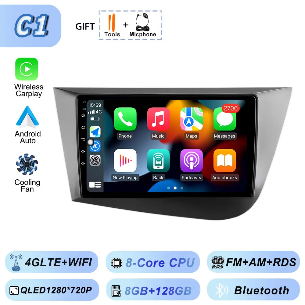 Draadloze Carplay Android 15 voor Seat Leon 2 2005-2012 Multimedia Video Player Wifi Autoradio Navigatie GPS Stereo Android auto