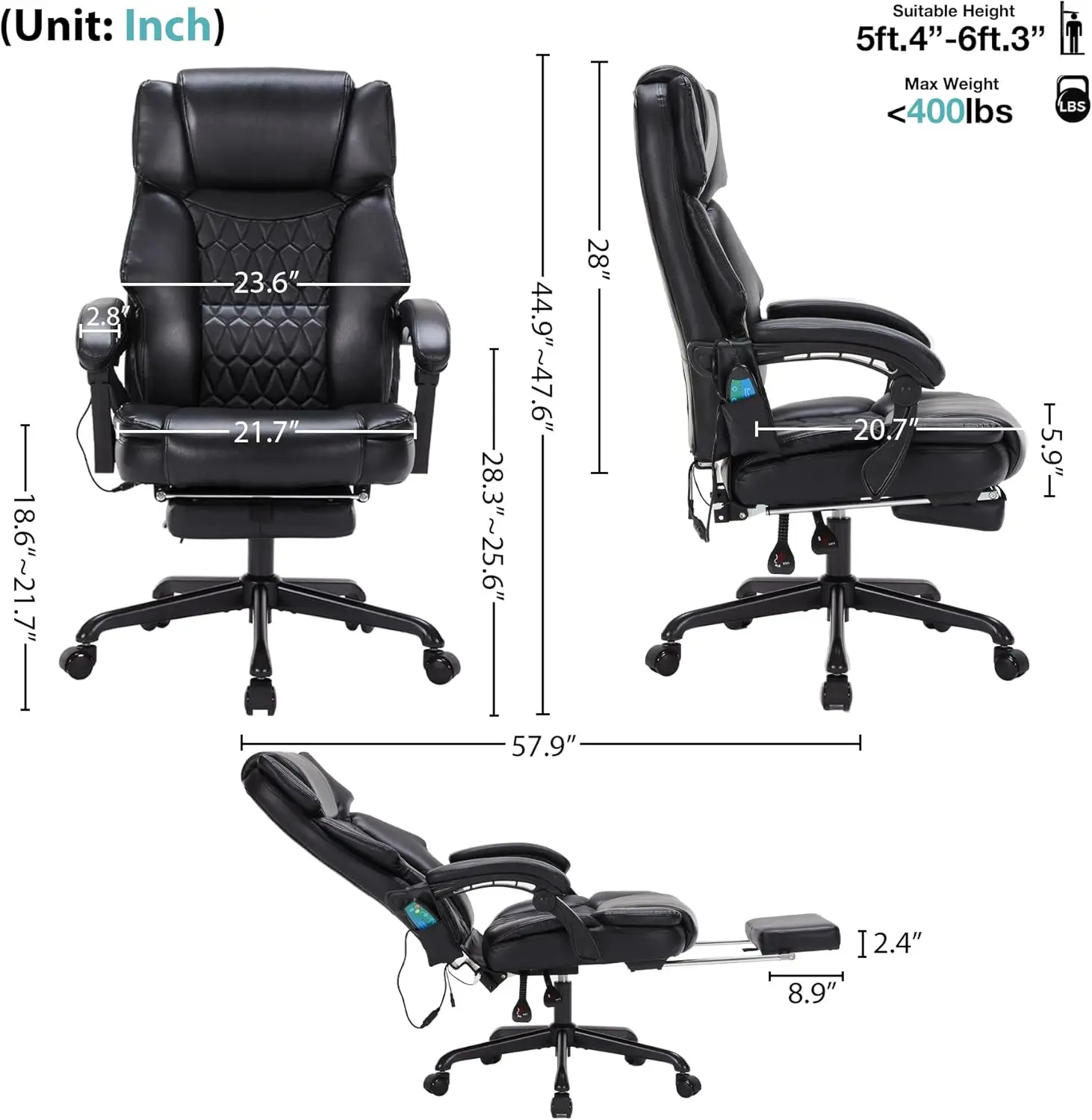 Massage Office Chair with Heat,Reclining Office Chair with Foot Rest,Vibration Home Office Desk Chairs for Heavy People 400lbs,E