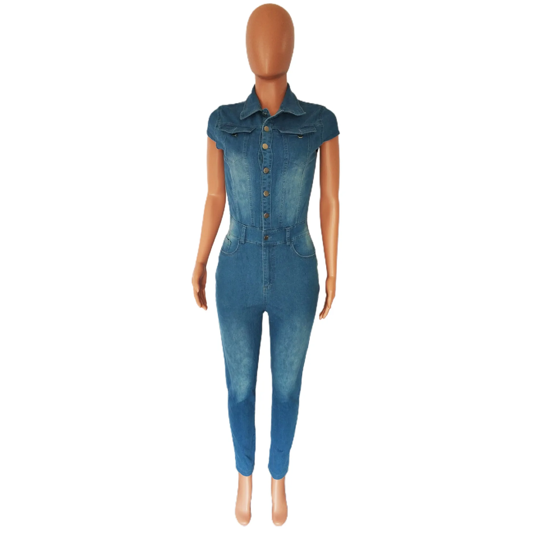 Romper jeans feminino de manga curta, lapela fina, calça fina, cintura alta, confortável, casual, verão, nova moda