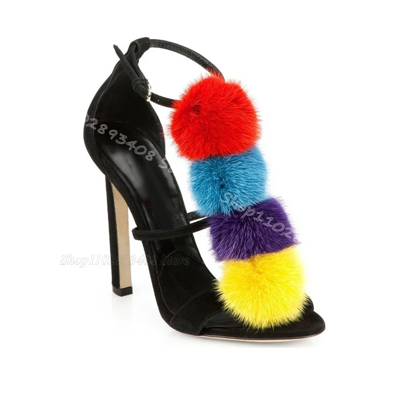 Mixed Furry Ball Decor Sandals Open Toe Ankle Buckle Stiletto Heels Shoes Fashion Summer Party Dress Sandals Zapatos Para Mujere