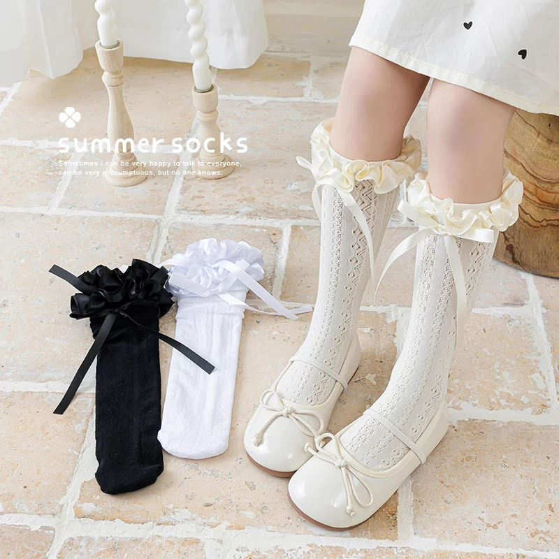 Infant Kids Over Knee High Socks Student Girls Hollow out mesh Kawaii Socks Lotus leaf edge lace bandage Long Lolita Stockings