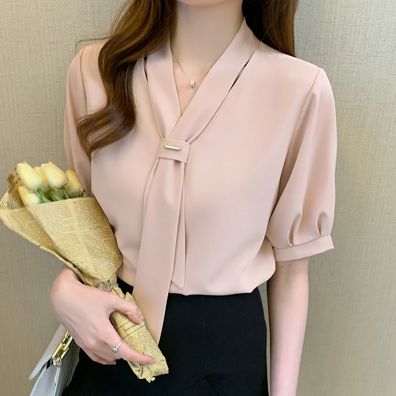 Chiffon Shirts for Women 2025 Summer Female Clothing Short Sleeved Blouse Fashion Bow Unique Women‘s Blouses White Shirt Women