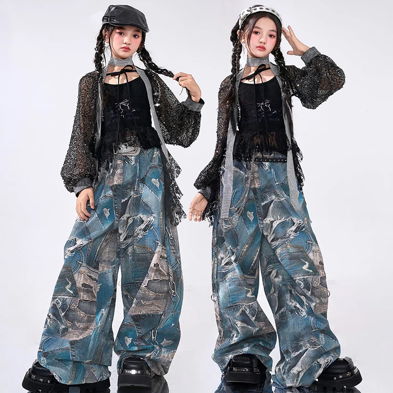 

Girls Kpop Dance Stage Costume Kid Jazz Outfit Black Ribbon Top Hpp Hop Trousers Children Dance Show Clothes Streetwear AMY2674