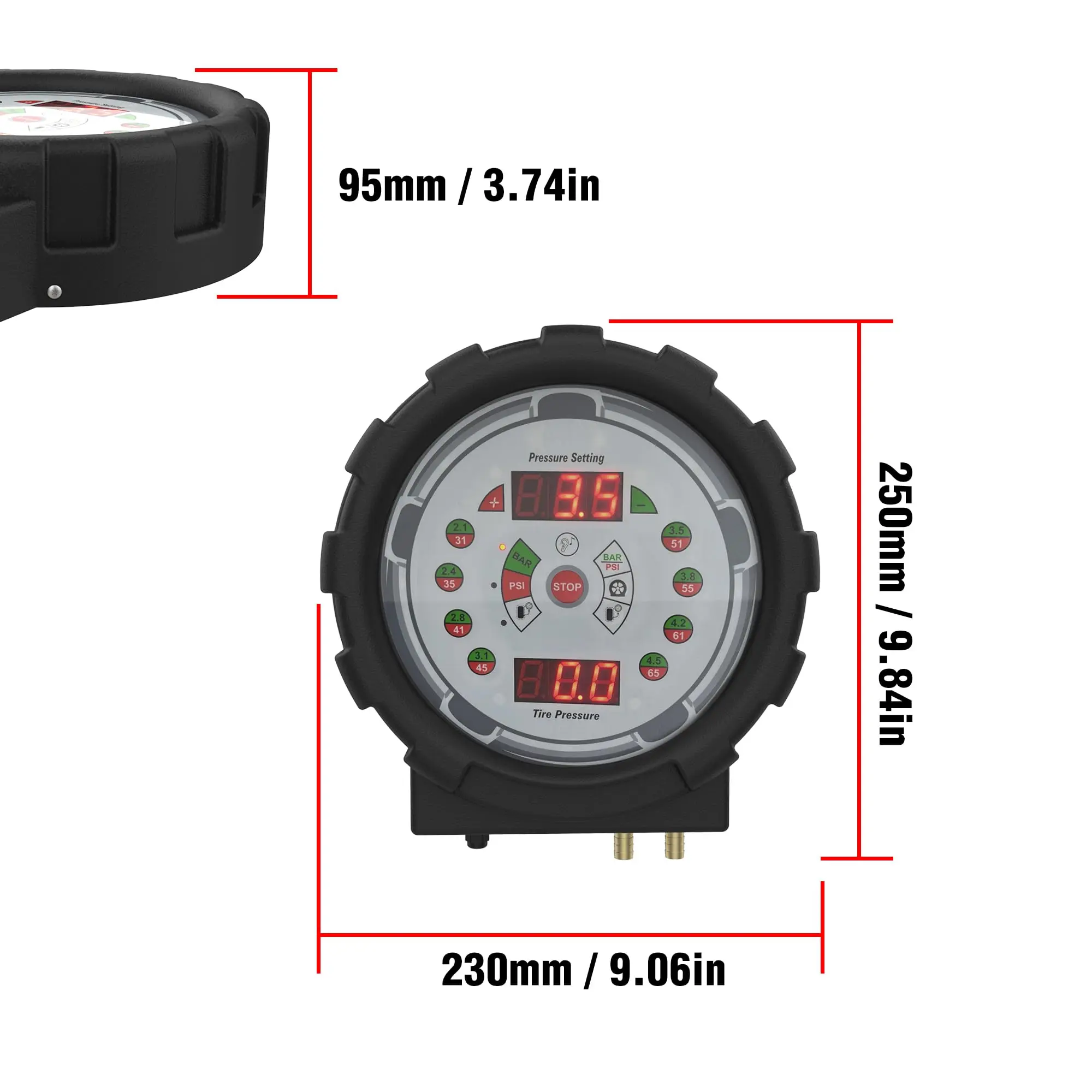 Inflating Pressure Control Meter, Tire Calibration Tool, LED Display, Dual-use Pressure Unit, Auto-Off Setting, Max 30W Consumpt