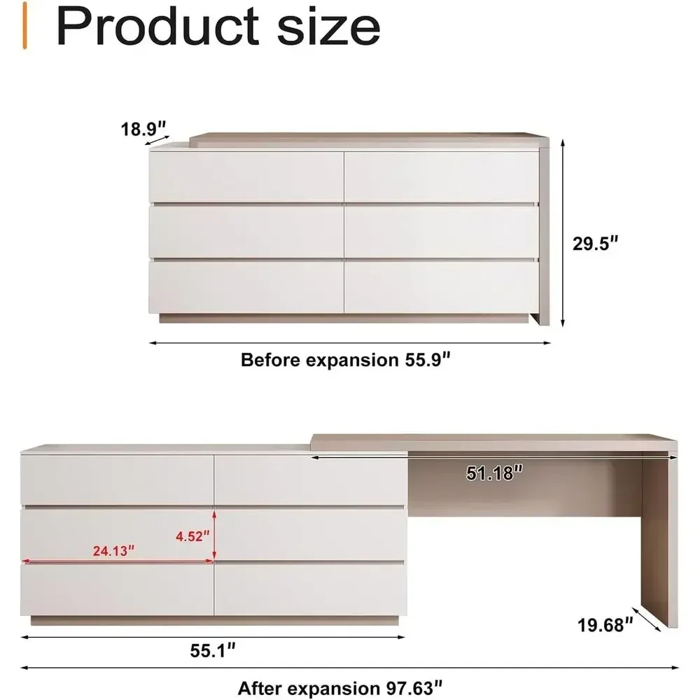 Expandable L-Shaped Desk with 6 Drawers for Home Office, Makeup, Gaming, and Study, Beige, Adjustable 56-98