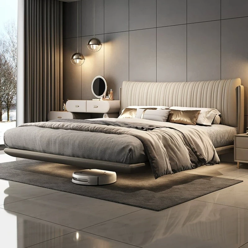 m*-Floating Bed Frame Modern Off-white Floating Bed Frame, Durable LED Bed Frame with Tall Padded Headboard
