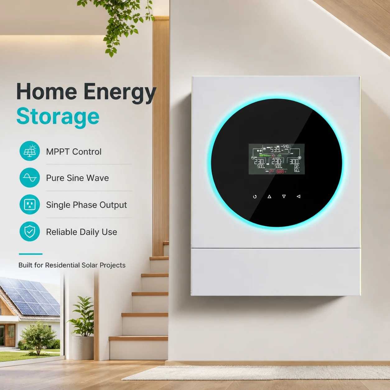 6kW Single Phase Hybrid Solar Inverter Built In WiFi MPPT Pure Sine Wave 50Hz 60Hz Auto Sensing Home Energy System Daily