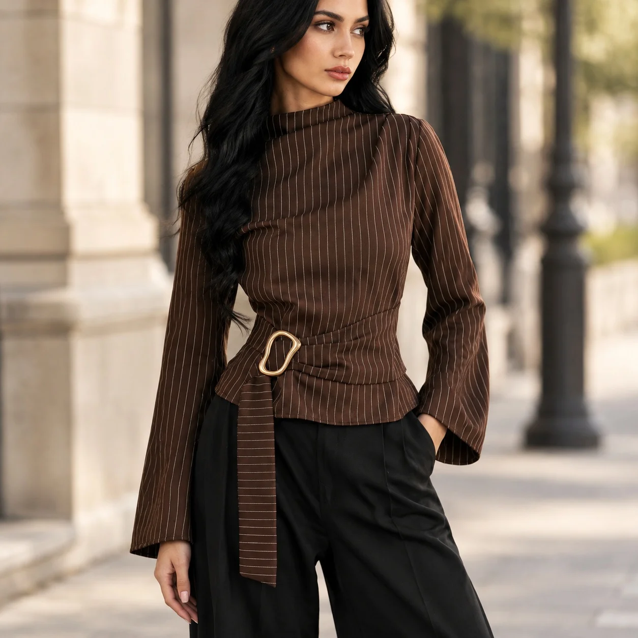 Tie Bell Sleeve Top Fitted Waist Elegant with Plaid Autumn Commuter Chic Mock Neck Regular Length Striped Long Sleeve for Women
