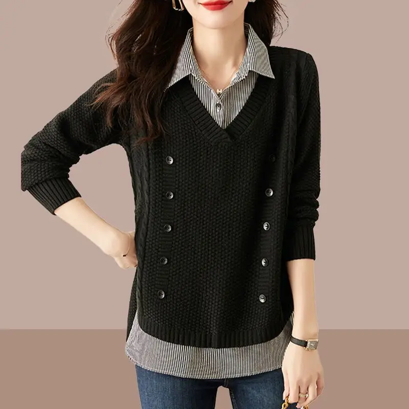 

Commute Striped Knitted Patchwork Shirt Women's Clothing Fake Two Pieces Spring Autumn Long Sleeve Stylish Button Lapel Blouse