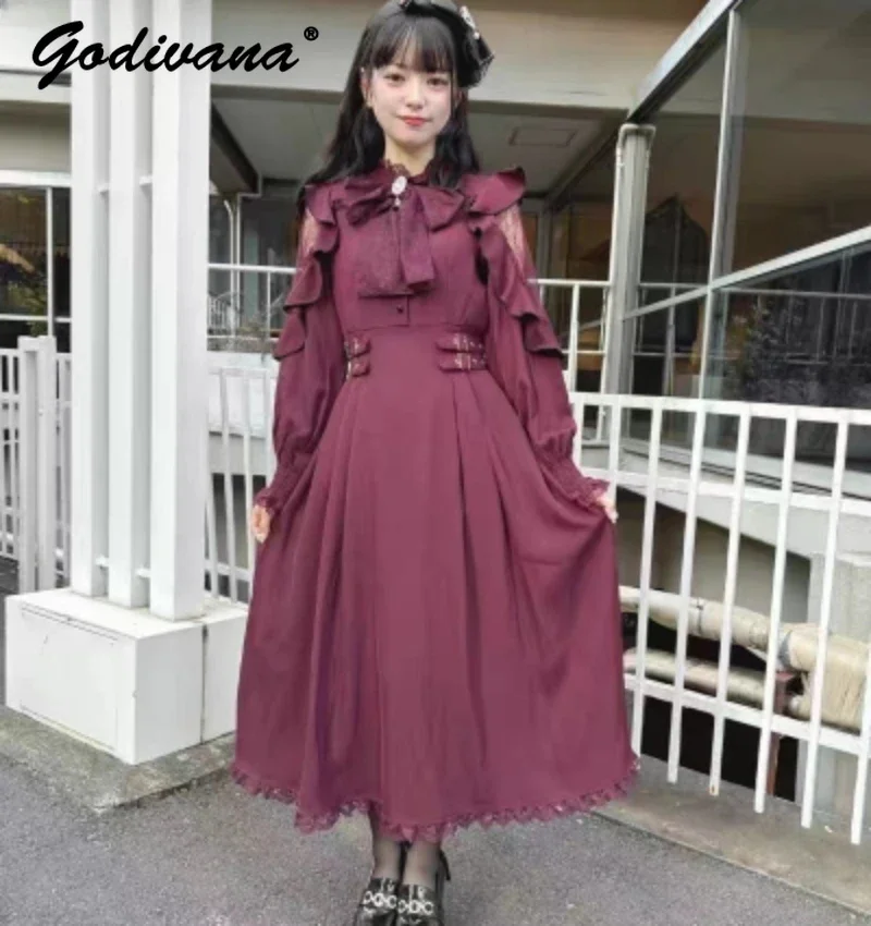 Japanese-Style Mine Stand Collar Bow Tie Slim Long Sleeve Dress Lady Girls Shoulder Hollow Waist-Controlled Sweet Long Dresses