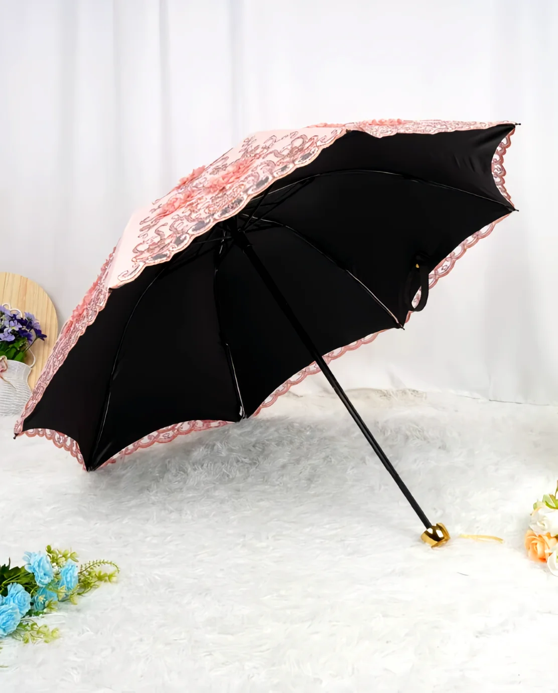 Sun umbrella woman UV protection lace embroidery triple fold embroidery sunshade vinyl for both rain and sunshine