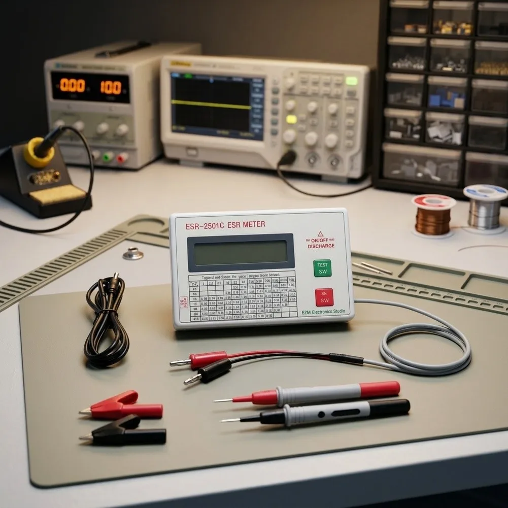 ESR2501C Capacitor ESR Meter with Automatic Zeroing on Power On and Mode Switching LCD Shows ESR and Comp Value