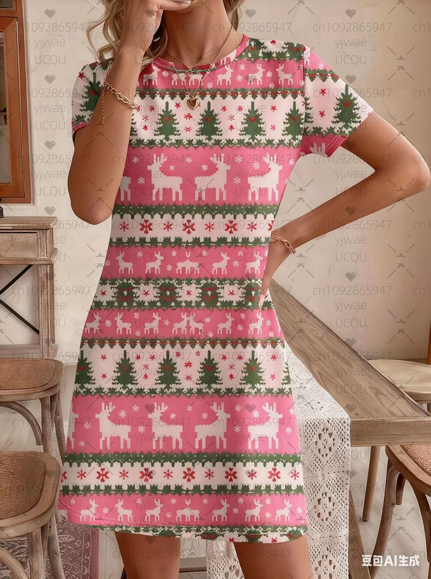 2025 الصيف المرأة تي شيرت فستان عيد الميلاد الرنة ندفة الثلج priNT س الرقبة سيدة قصيرة الأكمام البلوز فساتين النساء الملابس #5