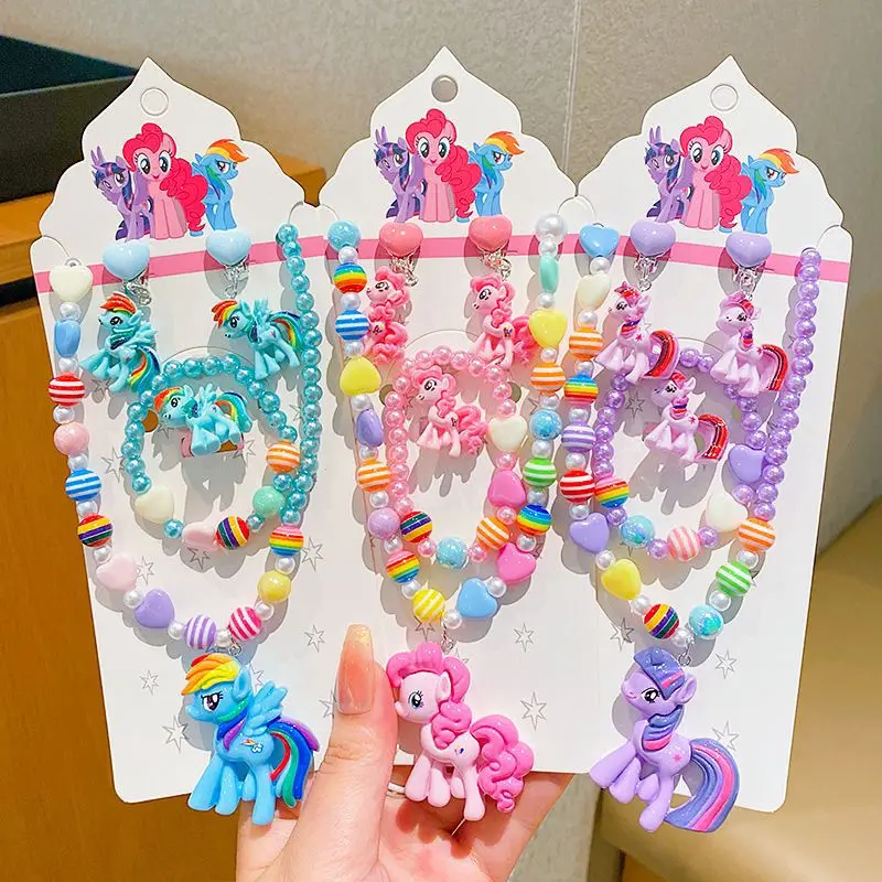 My Little Pony Kawaii Colorful Beaded Necklace Bracelet Girls Cute Creative No Hole Ear Clip Accessories Cartoon Jewelry Set