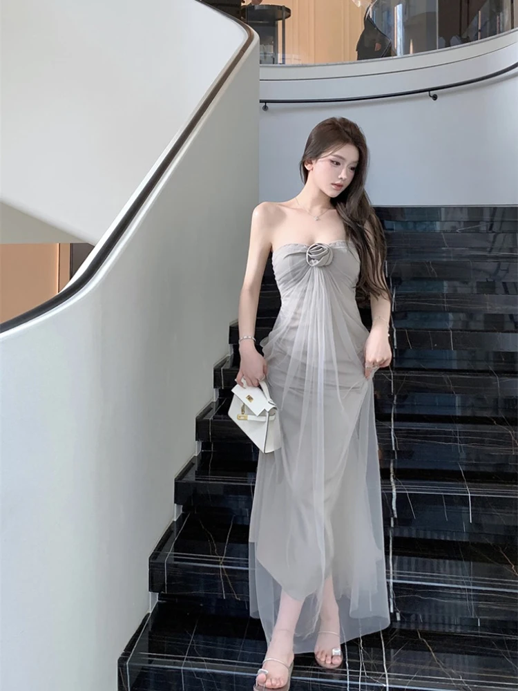 Straight shoulder bandeau dress feminine temperament sexy off-the-shoulder  skirt summer wedding party nightclub long dress 2024