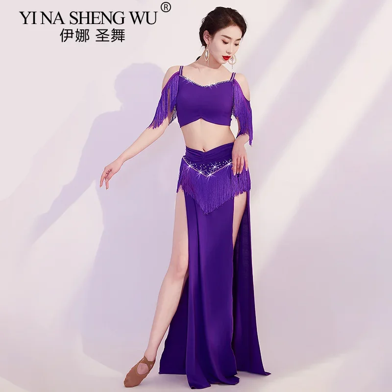 Belly Dance Costume Women Sexy Rhinestone Fringe Top And Long Skirt Set With Tassels Glitter Sleeveless Split Oriental Dance Set