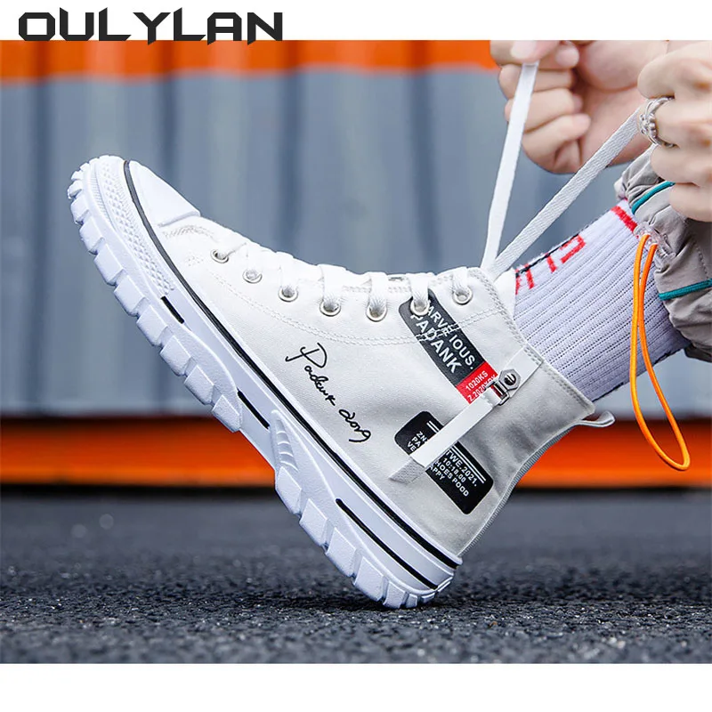 High Top Breathable Canvas Shoes Fashion Style Men's Shoes Casual Non-slip Wear-resistant Footwear Letter Trendy Student 2024