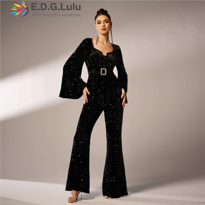 EDGLuLu  Fashion V-Neck Long Sleeves Black Sequined Jumpsuit Pants Woman Elegant Wide Leg Jumpsuit Pants 2024 New 1220